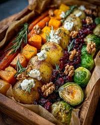 Caramelized Butternut Squash, Carrots, Brussels Sprouts & Sweet Potato with Feta, Walnuts & Cranberry-Honey Glaze